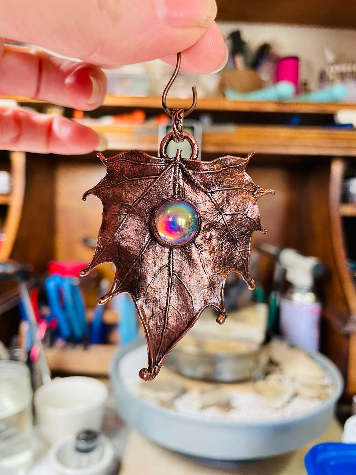 REAL LEAF PENDANT copper maple leaf with iridescent vintage glass HANDMADE FALL