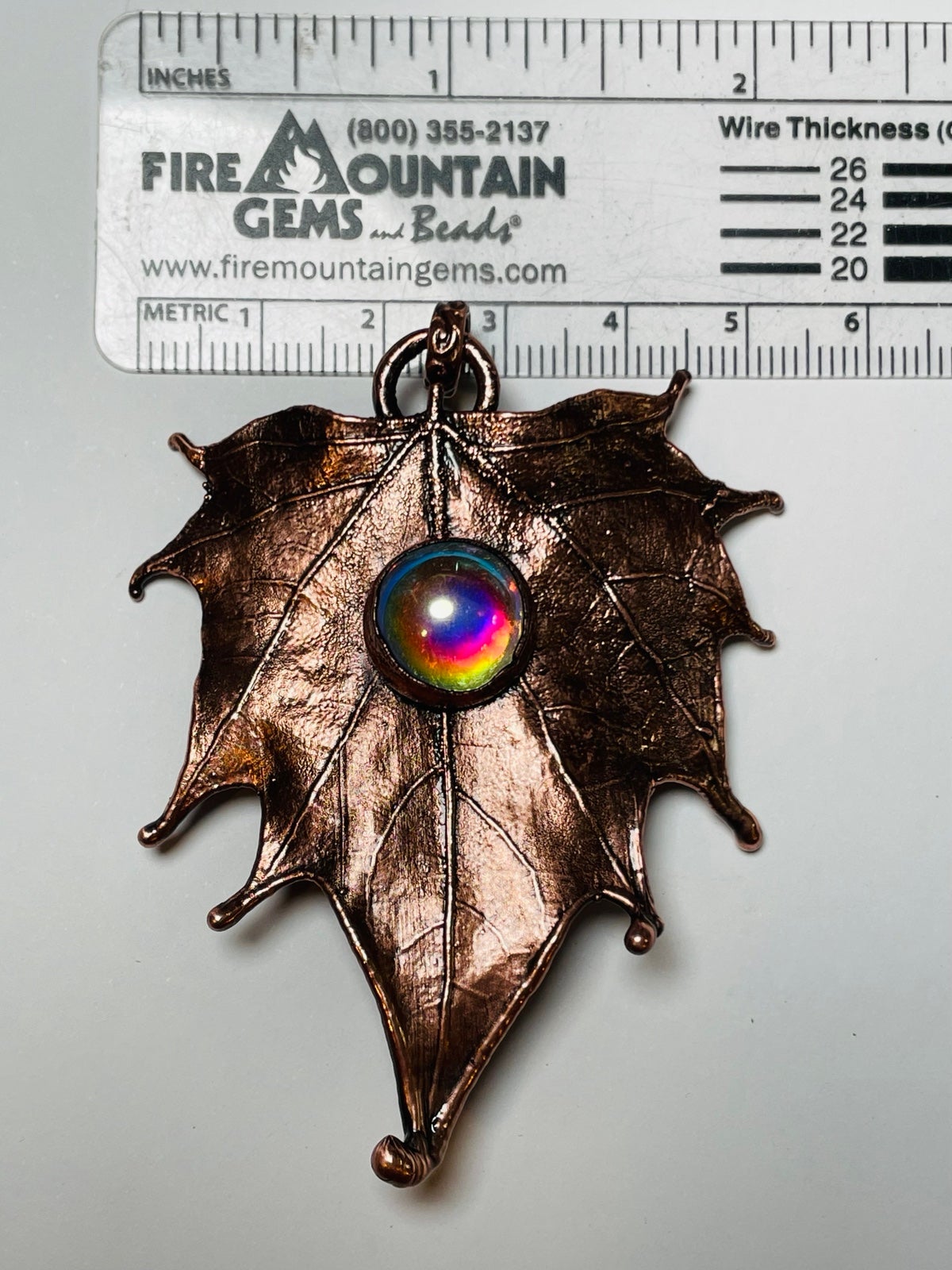 REAL LEAF PENDANT copper maple leaf with iridescent vintage glass HANDMADE FALL