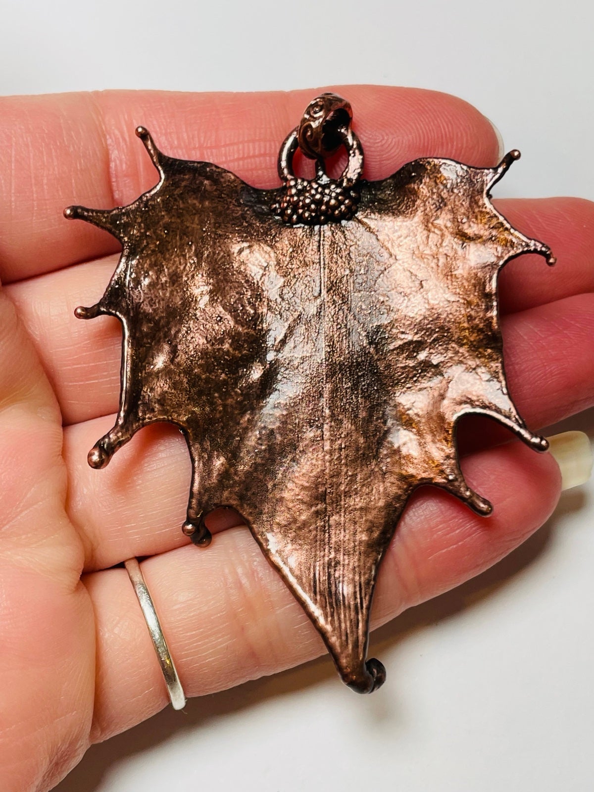 REAL LEAF PENDANT copper maple leaf with iridescent vintage glass HANDMADE FALL