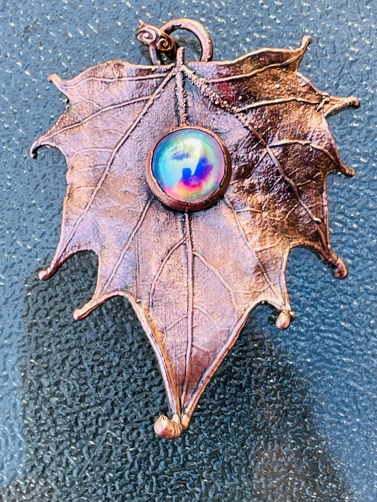 REAL LEAF PENDANT copper maple leaf with iridescent vintage glass HANDMADE FALL