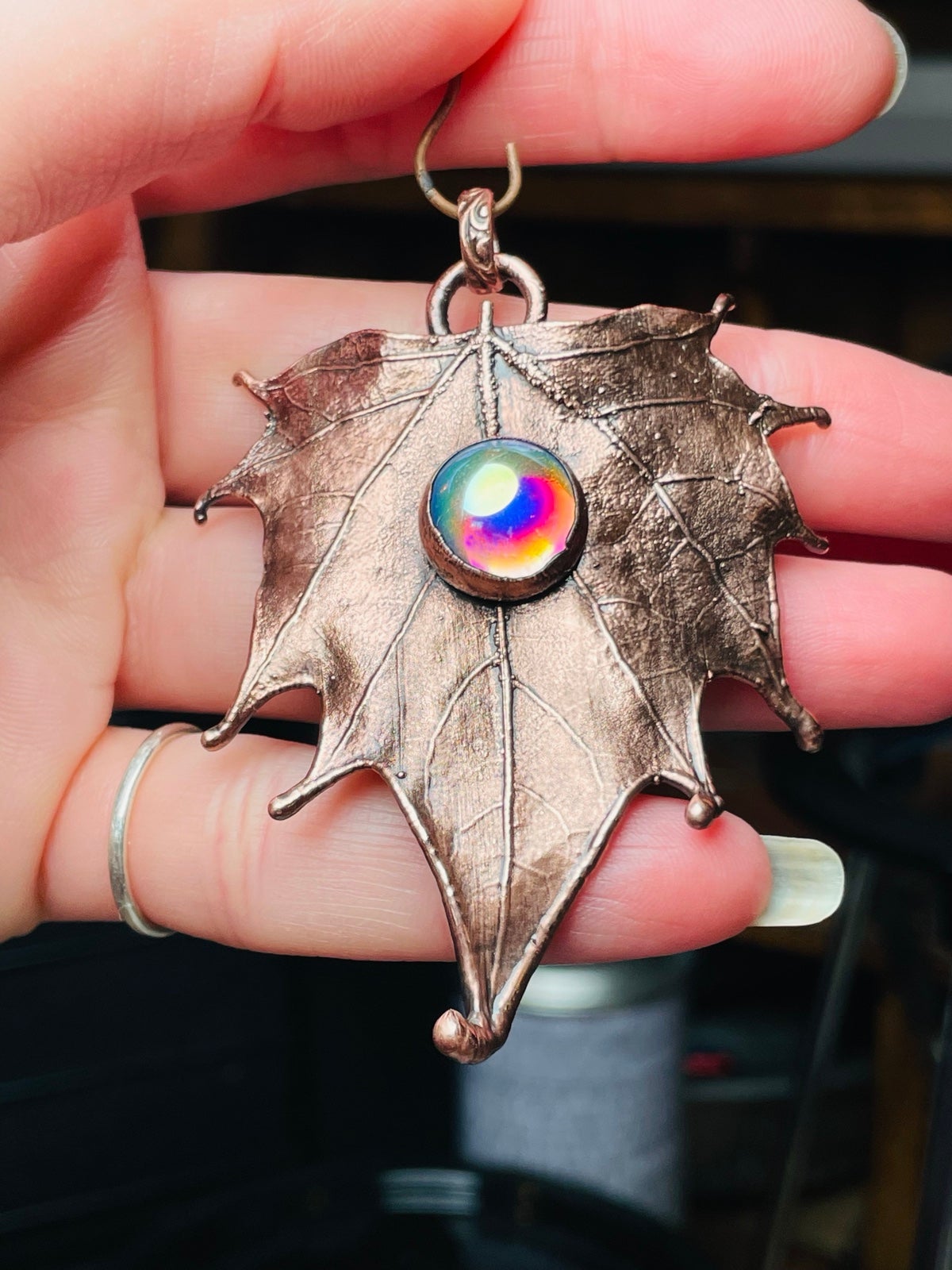 REAL LEAF PENDANT copper maple leaf with iridescent vintage glass HANDMADE FALL