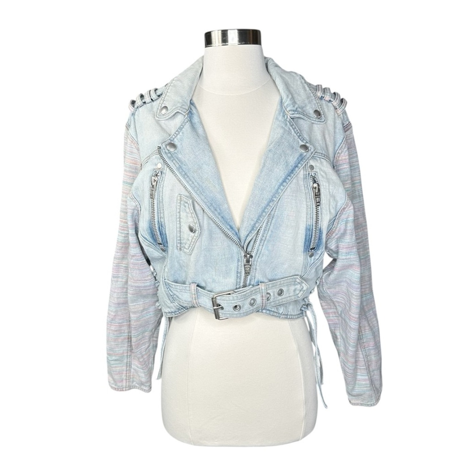 BLANK NYC Pastel Blue Belted Denim Jacket with 80s Vibe Biker Rocker Chic Small