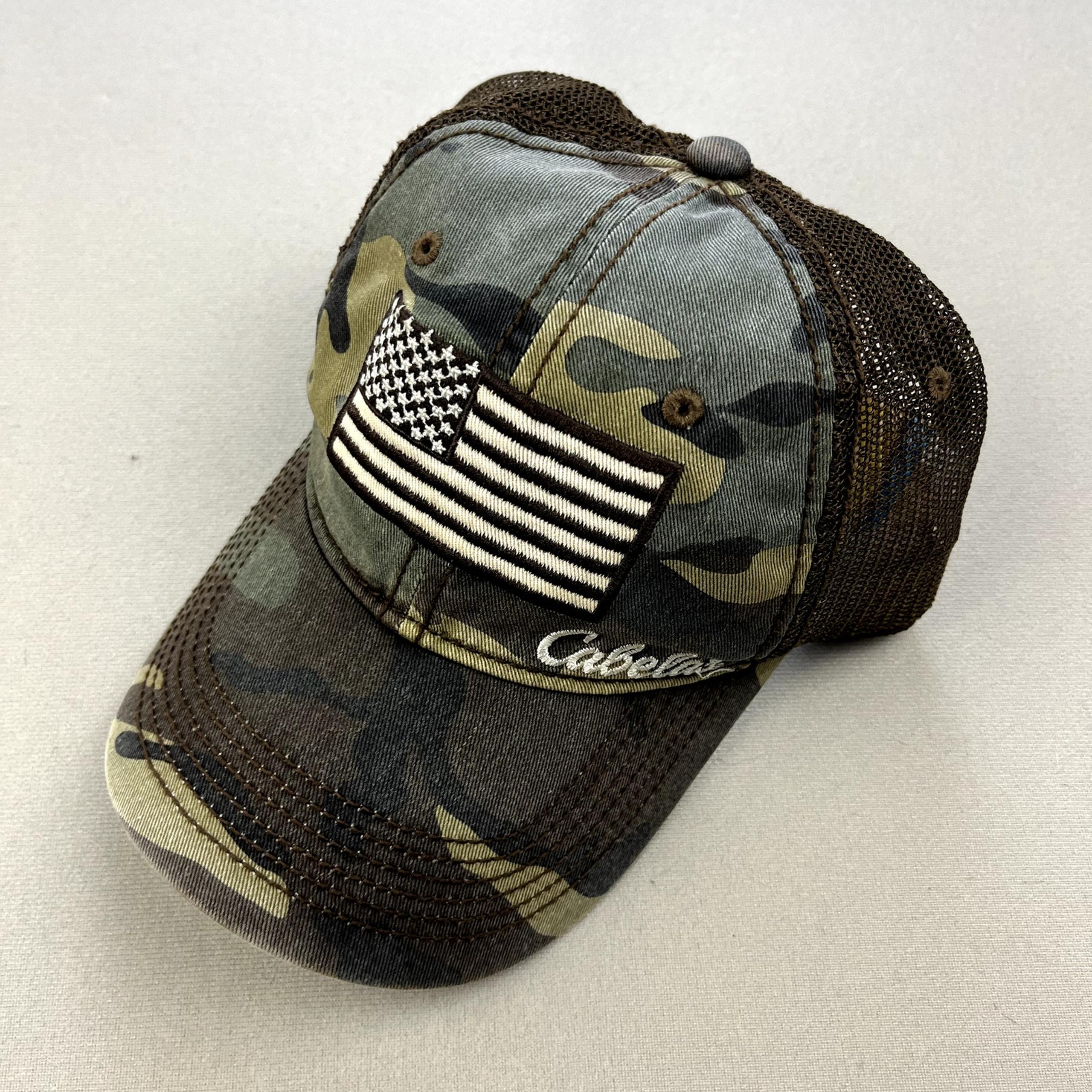 Cabela's Hat Snapback Trucker Green Brown Camo Hunting Outdoor American Flag