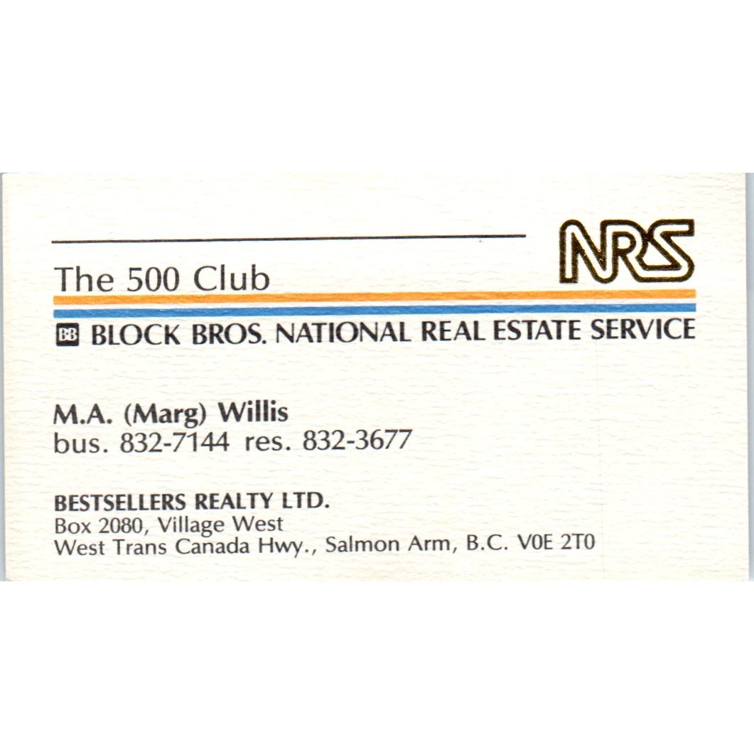 M.A. Marg Willis Block Bros Real Estate Salmon Arm BC Vtg Business Card SD8-B2