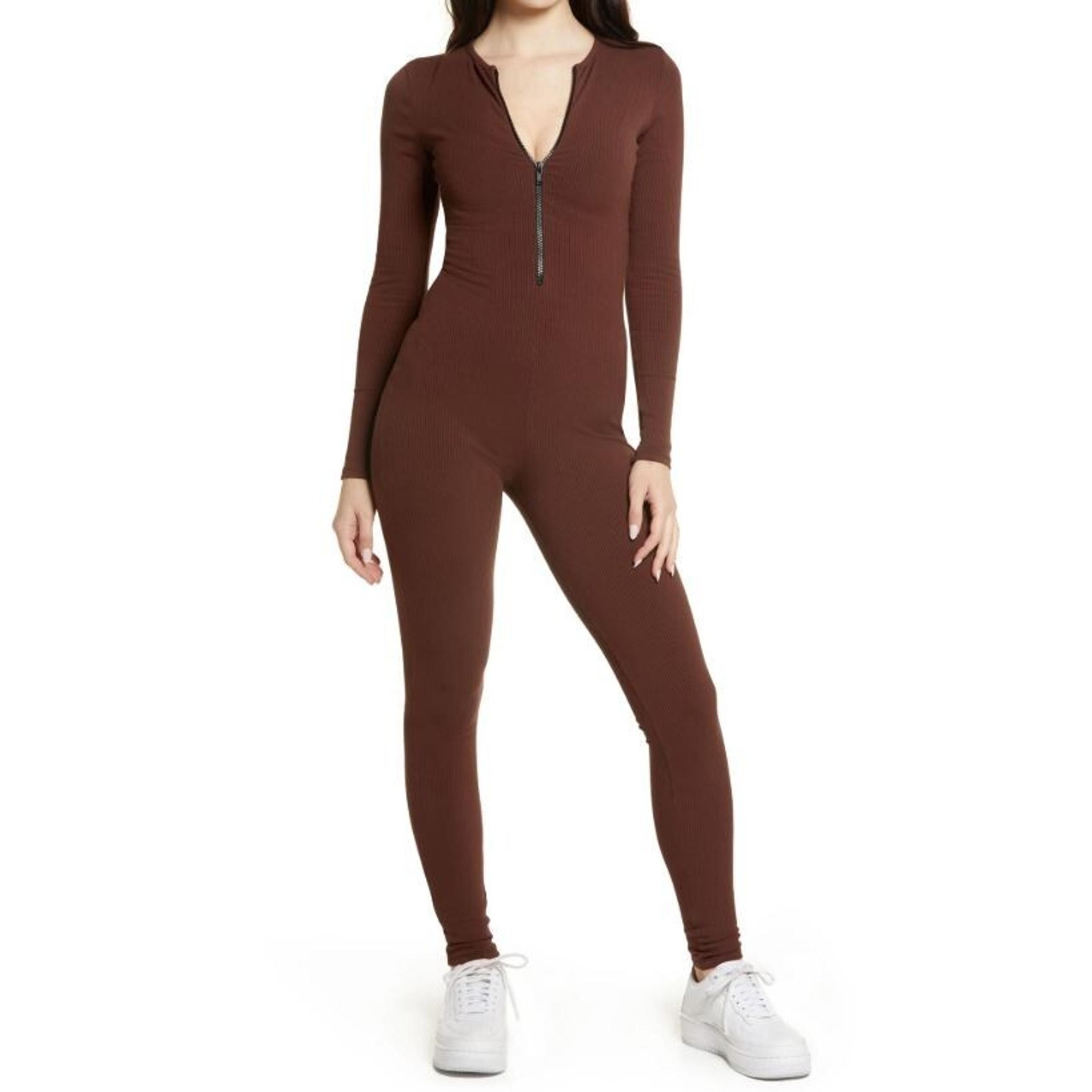 Naked Wardrobe Women's Zip Front Long Sleeve Jumpsuit in Chocolate Small $76