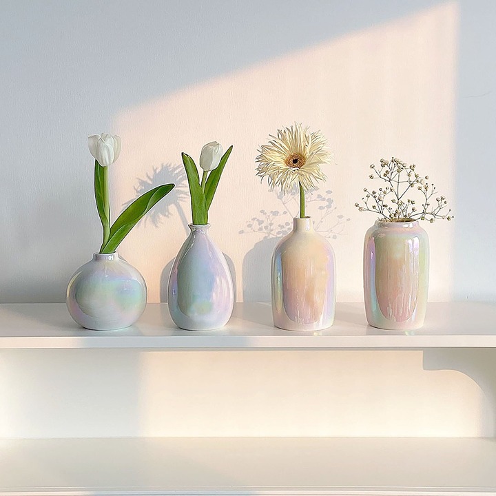 Iridescent Opalescent Ceramic Vase,Florals Bud Vase, Snuggle White Vase