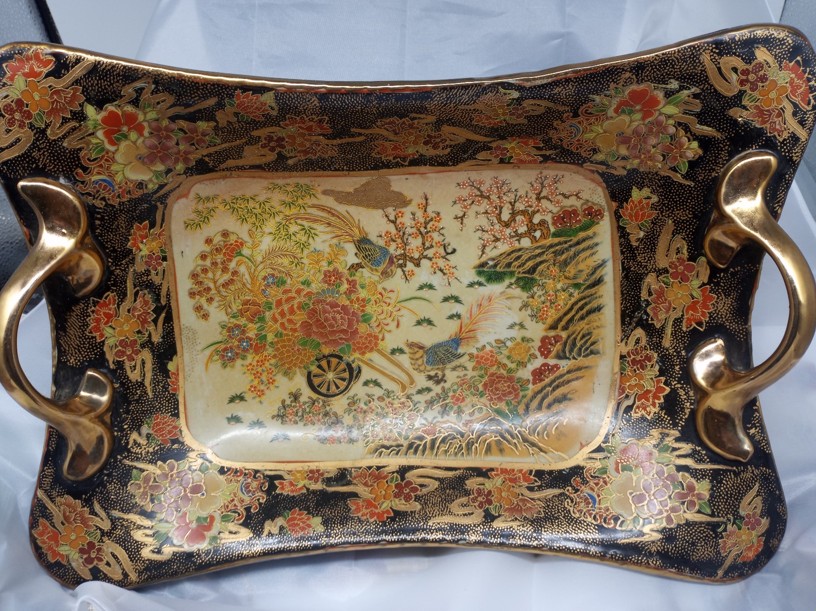 Vintage Large Chinese Landscape Moriage Enamel Compote Tray Goldtone Handles