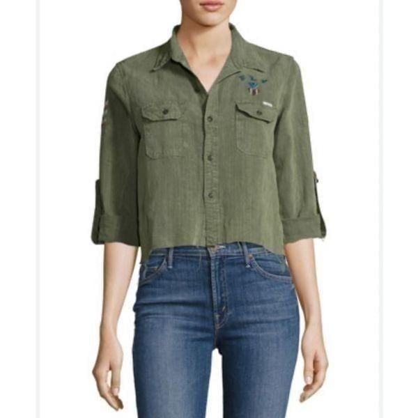MOTHER Green Super Trooper Crop Fray Shirt Army Green size L