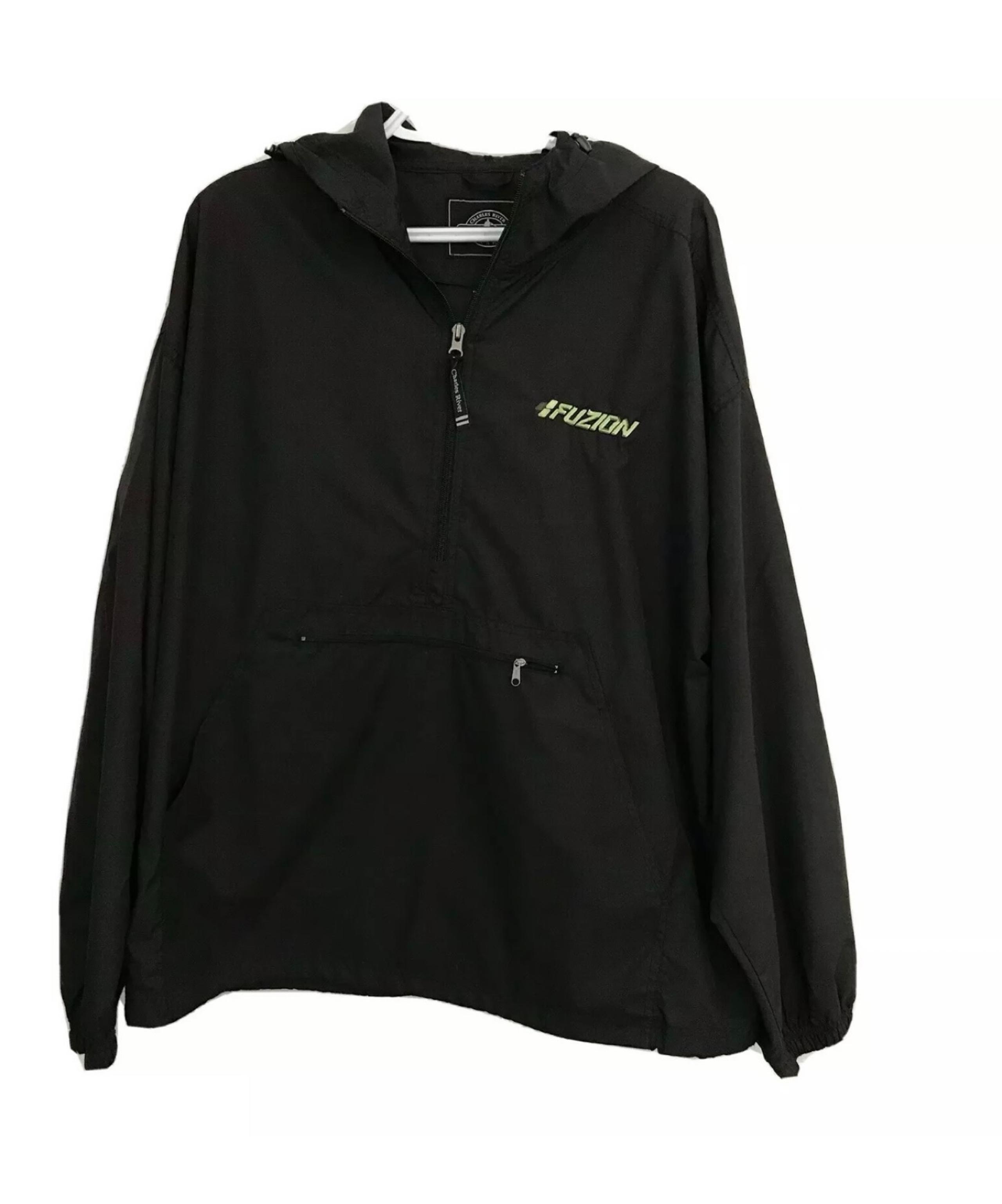 Charles River Mens L Windbreaker Jacket Fuzion Tire Logo Black Hooded 1/4 Zip. H