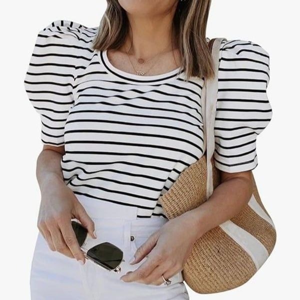 Summer Casual Striped Puff Short Sleeve Loose Fit Top