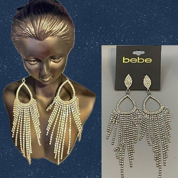 Bebe Crystal Reverse Teardrop Graduated Fringe Chandelier Post Closure Earrings