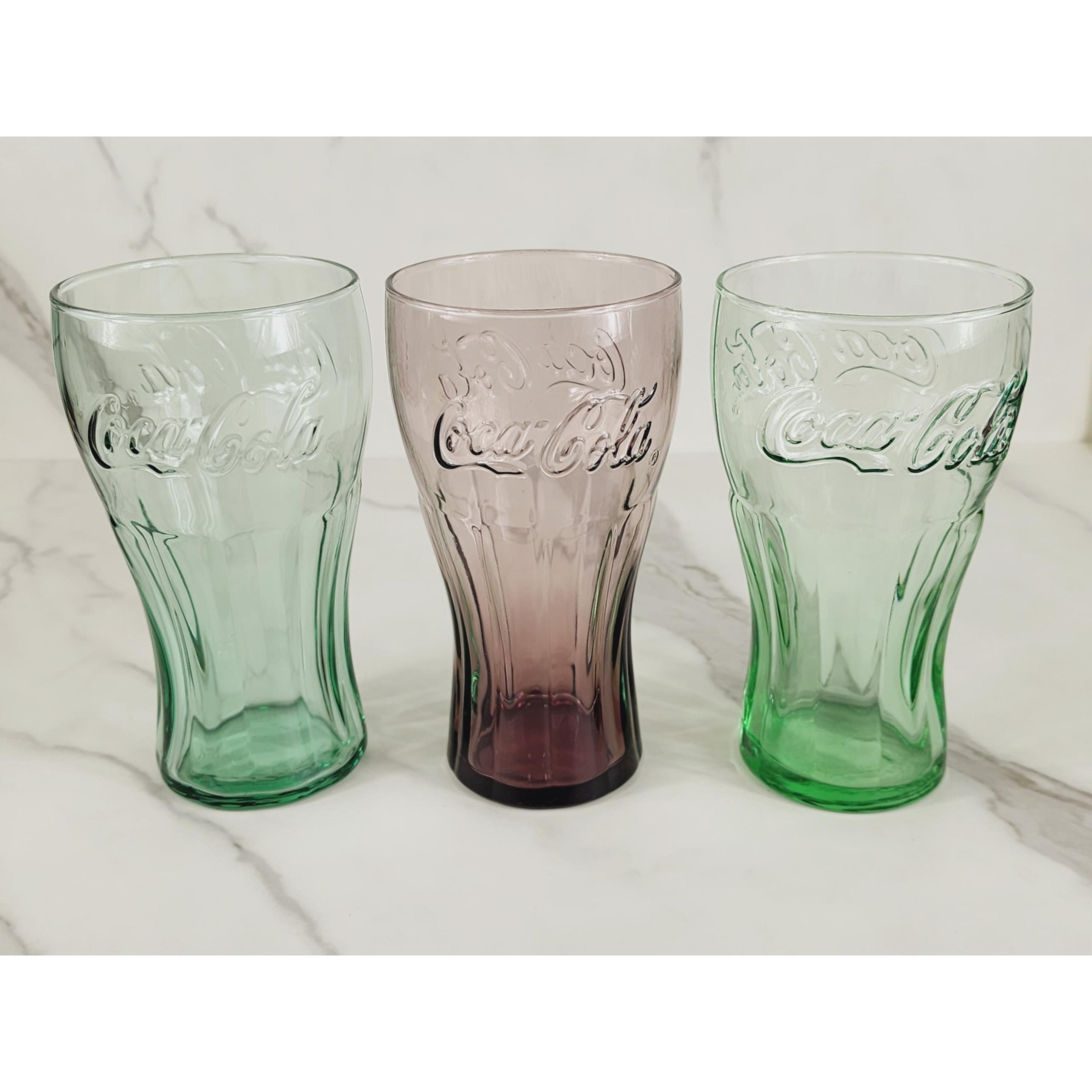 Coca Cola Libbey Drinking Glasses 17oz Embossed 6" Retro Glass Green Brown x3