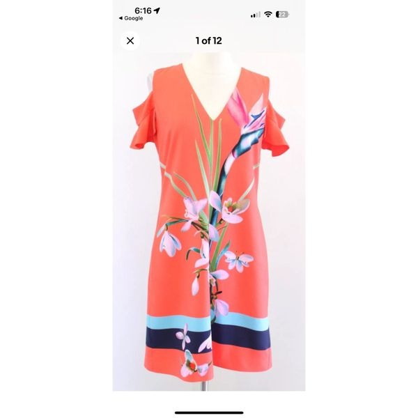 Ted Baker Leea Orange Colorful Floral Print Cold Shoulder Dress Size 4 V Neck