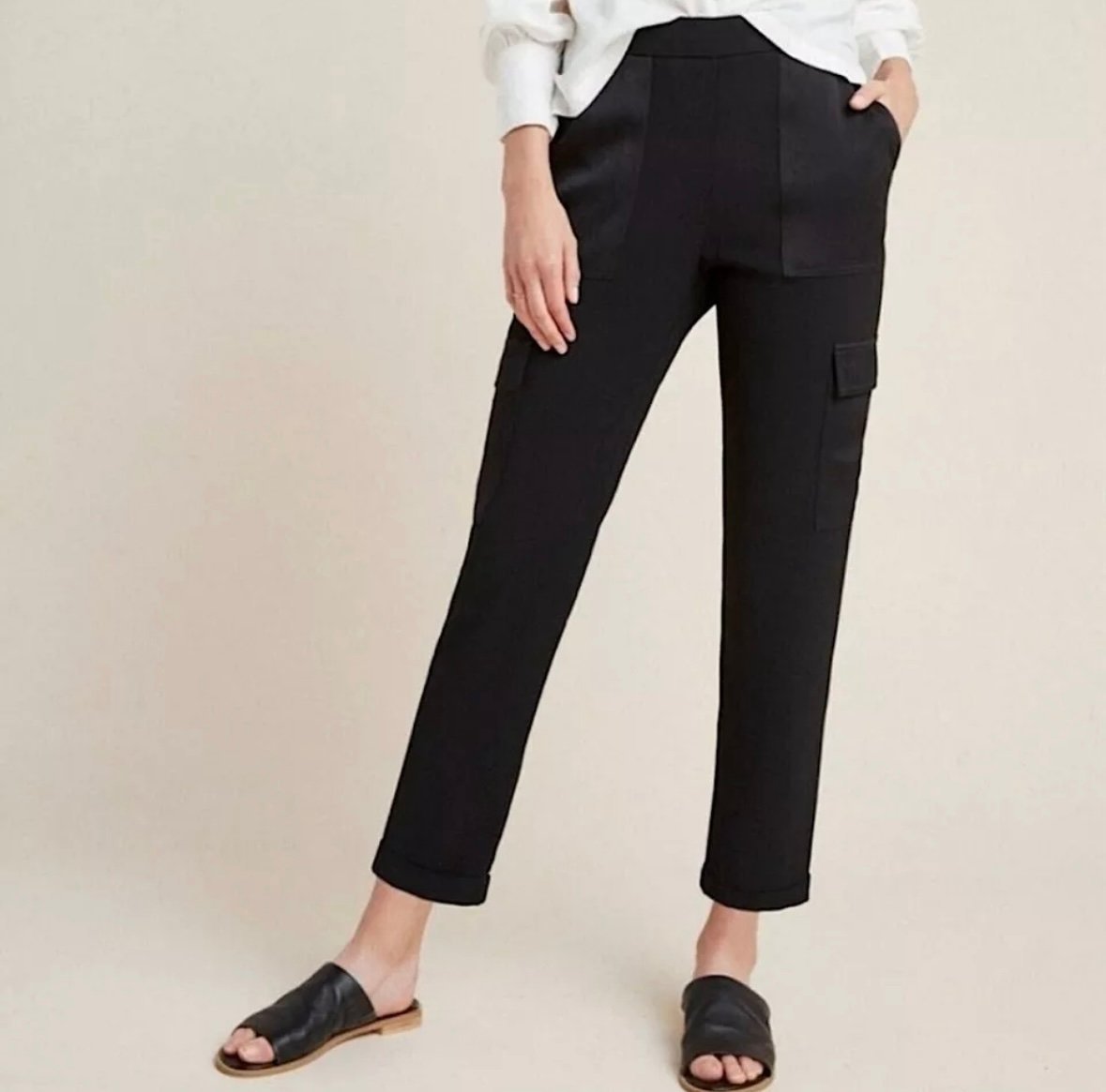 Maeve by Anthropologie Women’s XL Black Delancey Satin-Trimmed Cargo Joggers