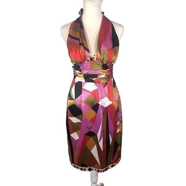 Rubber Ducky Bright Geo Satin Halter Dress XS/S A-Line Backless Wide Waist Band