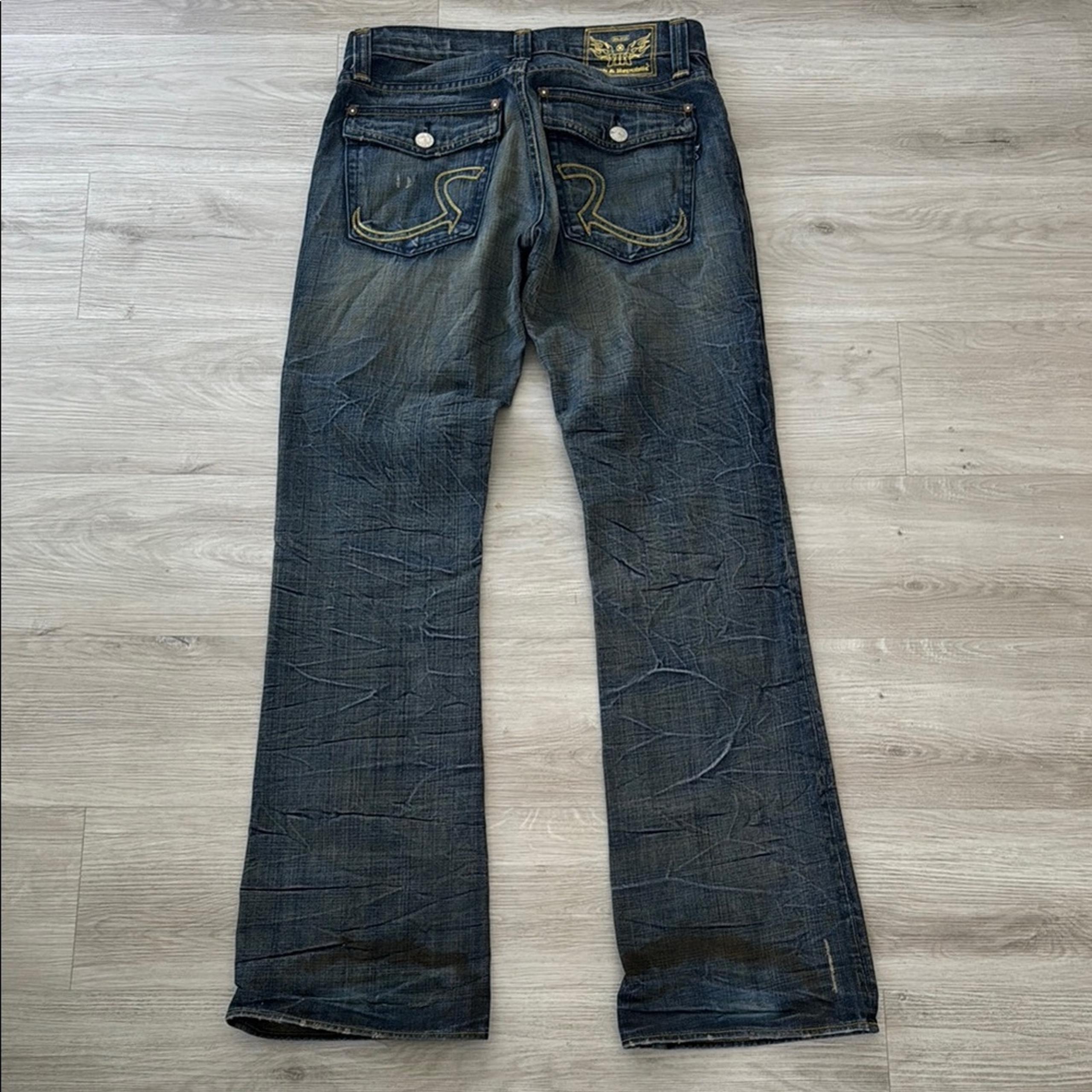 Rock & Republic Blue Boot Cut Jeans with Embroidered Yellow Logo Back Pockets
