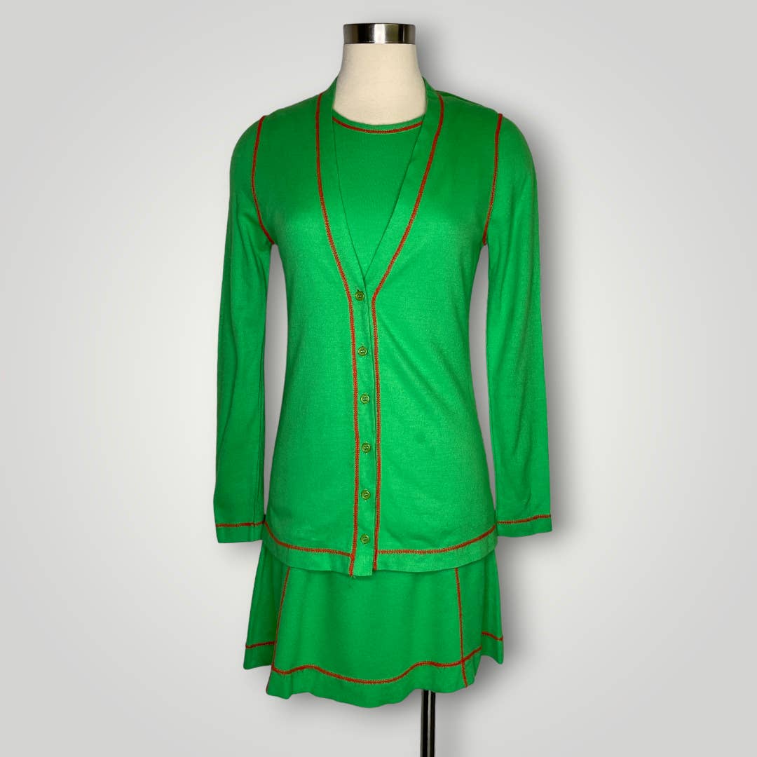 Vtg 1960s Herald House Green 3 Piece Set Skirt Top Cardigan Mini E2