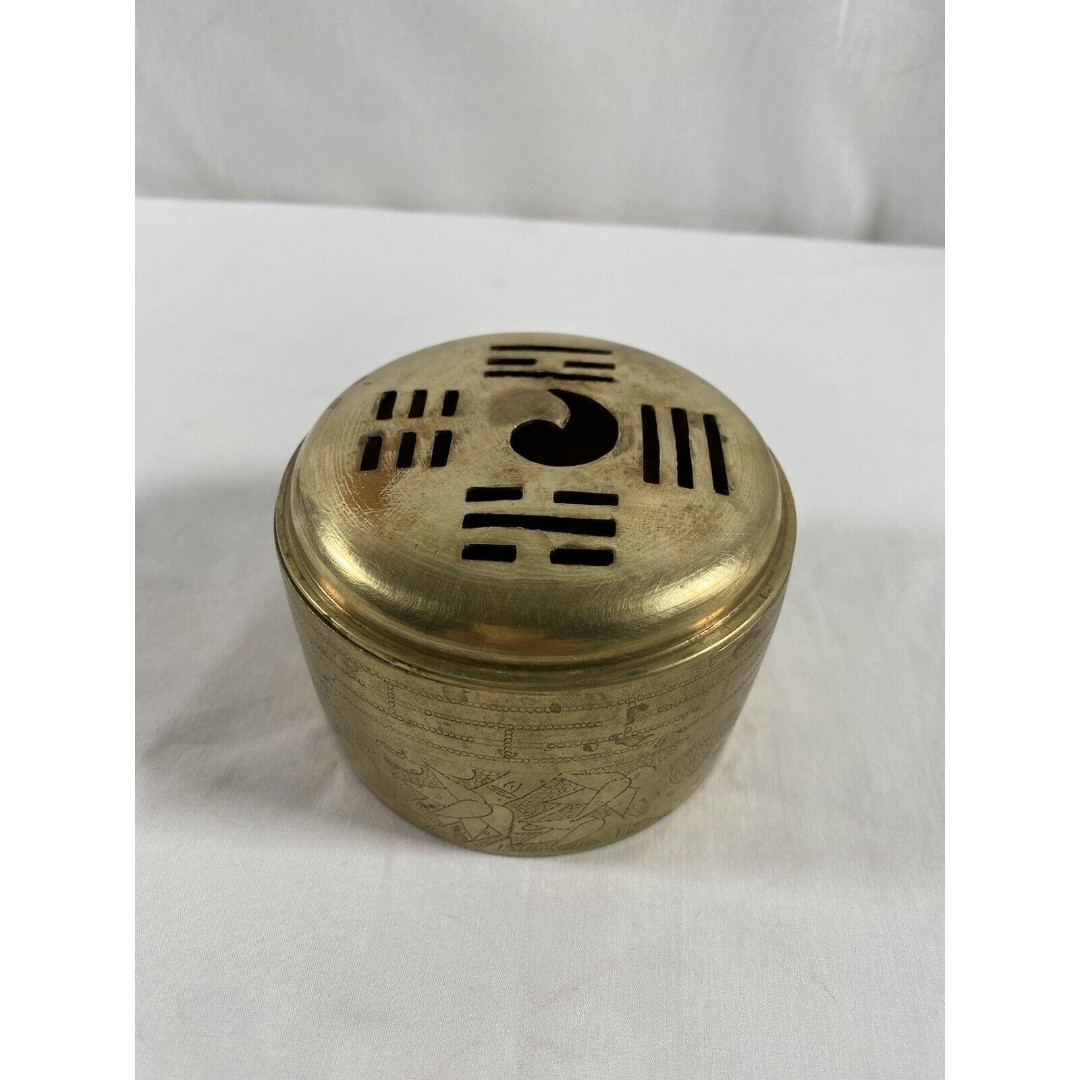 Vintage Antique Solid Brass Heavy Incense Box Potpourri Trinket Box w/Lid