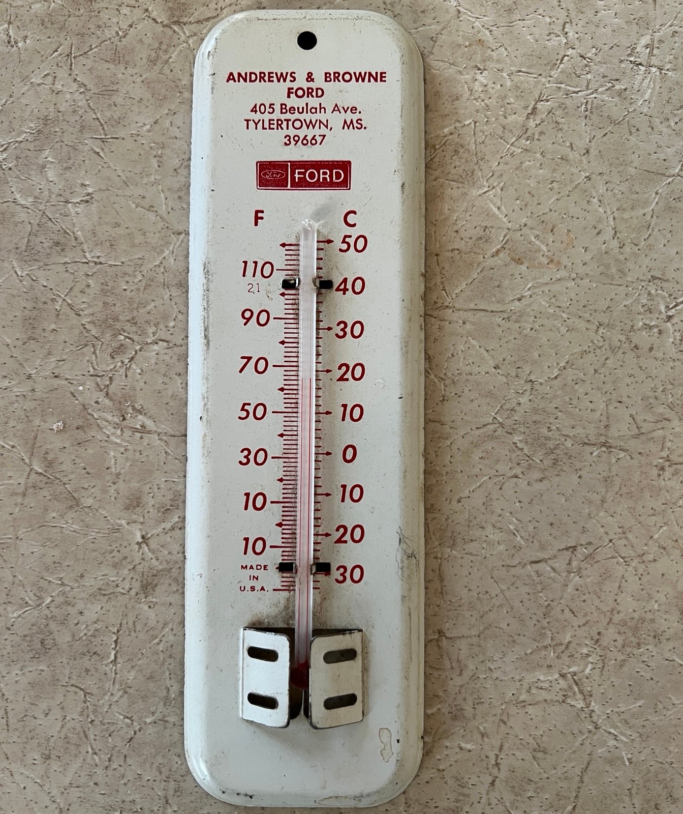 Vintage FORD Advertising Wall Temperature Thermometer Tylertown MS 7” USA White
