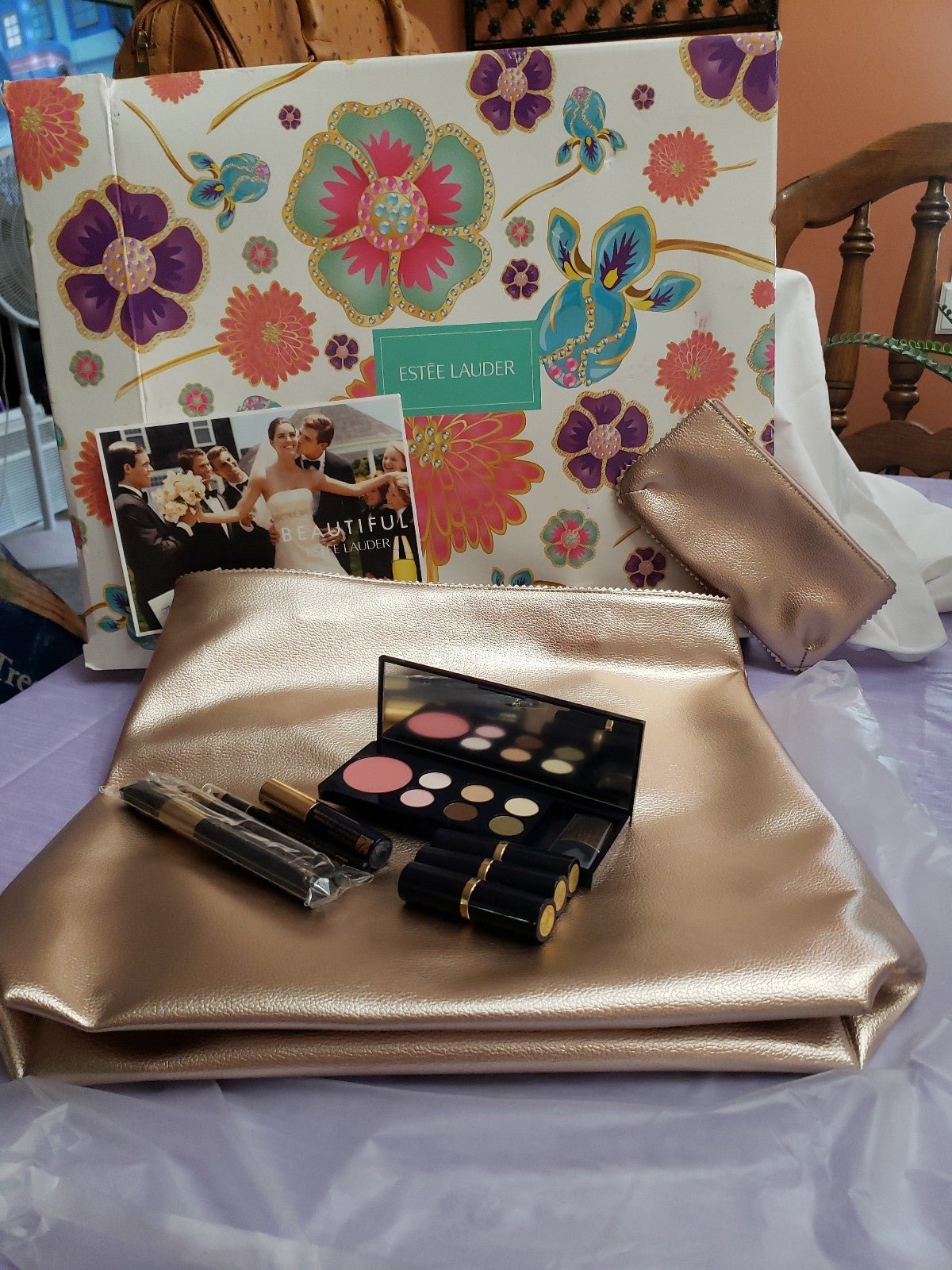 Estee Lauder Metallic Tote, Makeup Bag and Makeup. Brand New In Original Box.