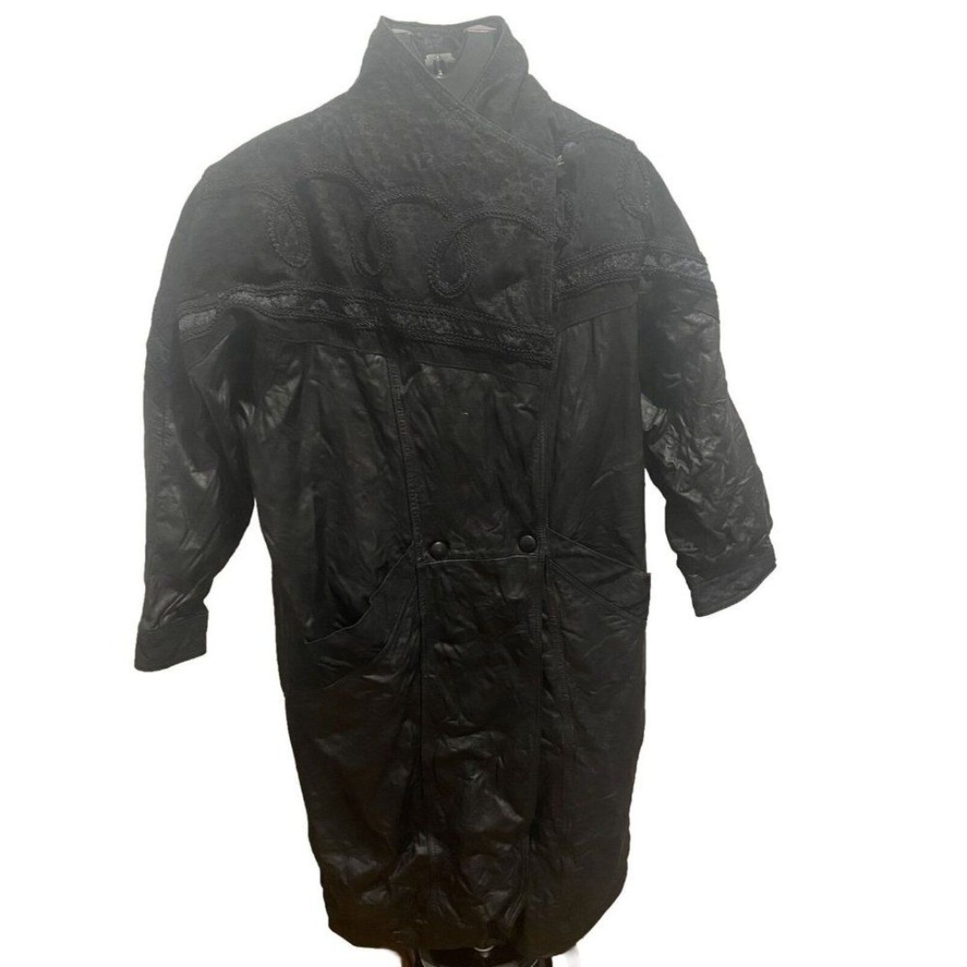 Vintage Wilson's Long Black Leather Trench Coat Jacket Large Button Front