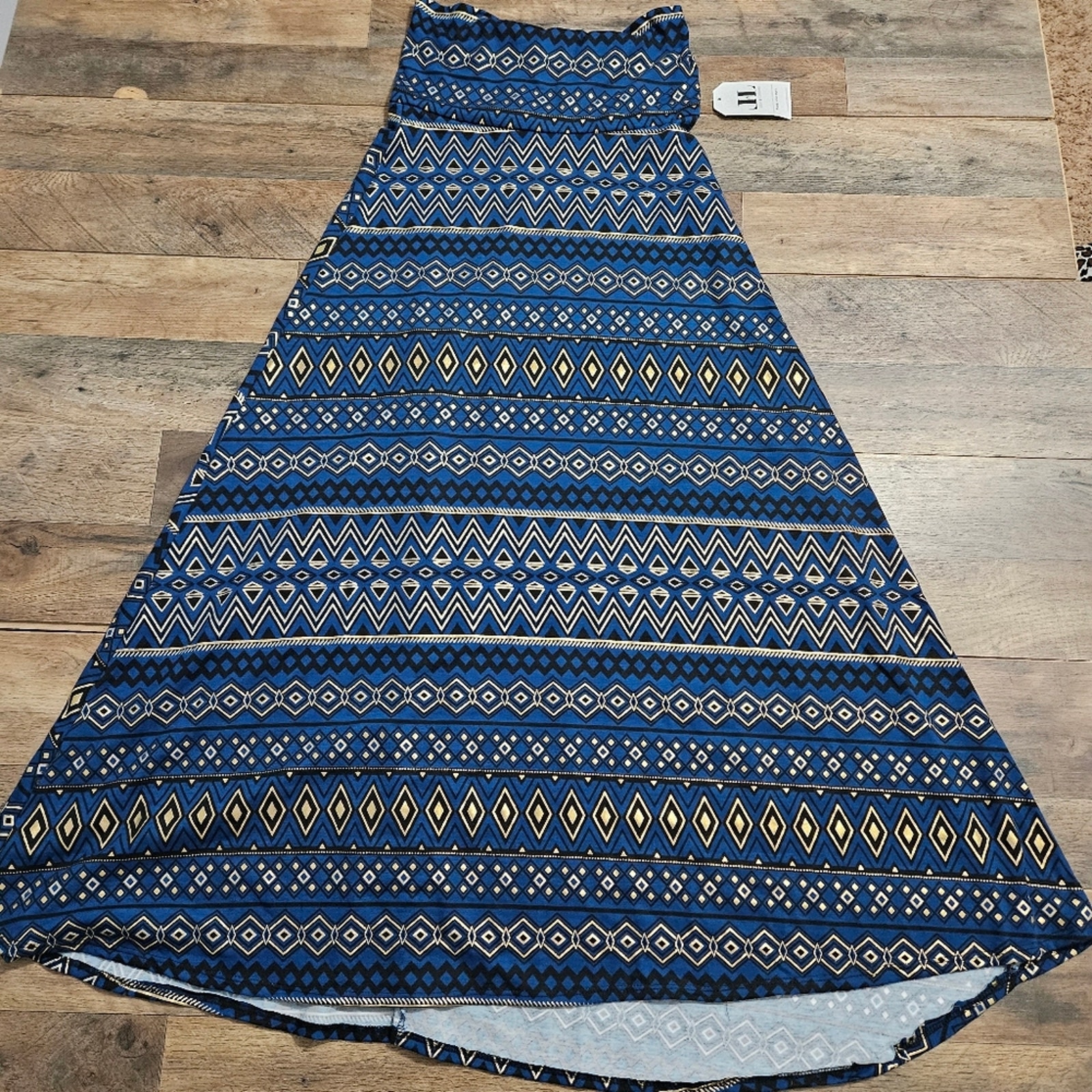NEW Lalo & Company Blue Metallic Gold Gypsy Full Flare Maxi Skirt Small