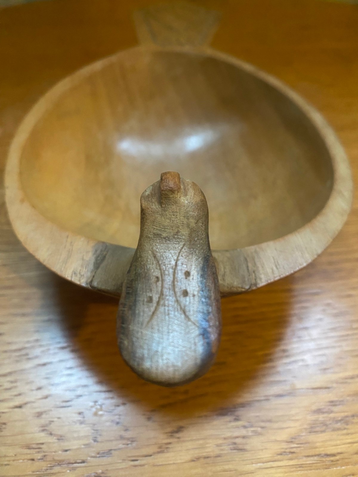 Vintage handmade abstract folk Yugoslavian wooden bowl in duck shape