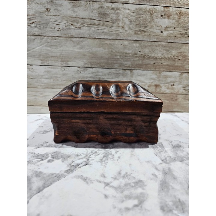 Vintage Lobeco Hand Carved Wooden Thumbprint Box Made In Spain 6.5 x 3.75