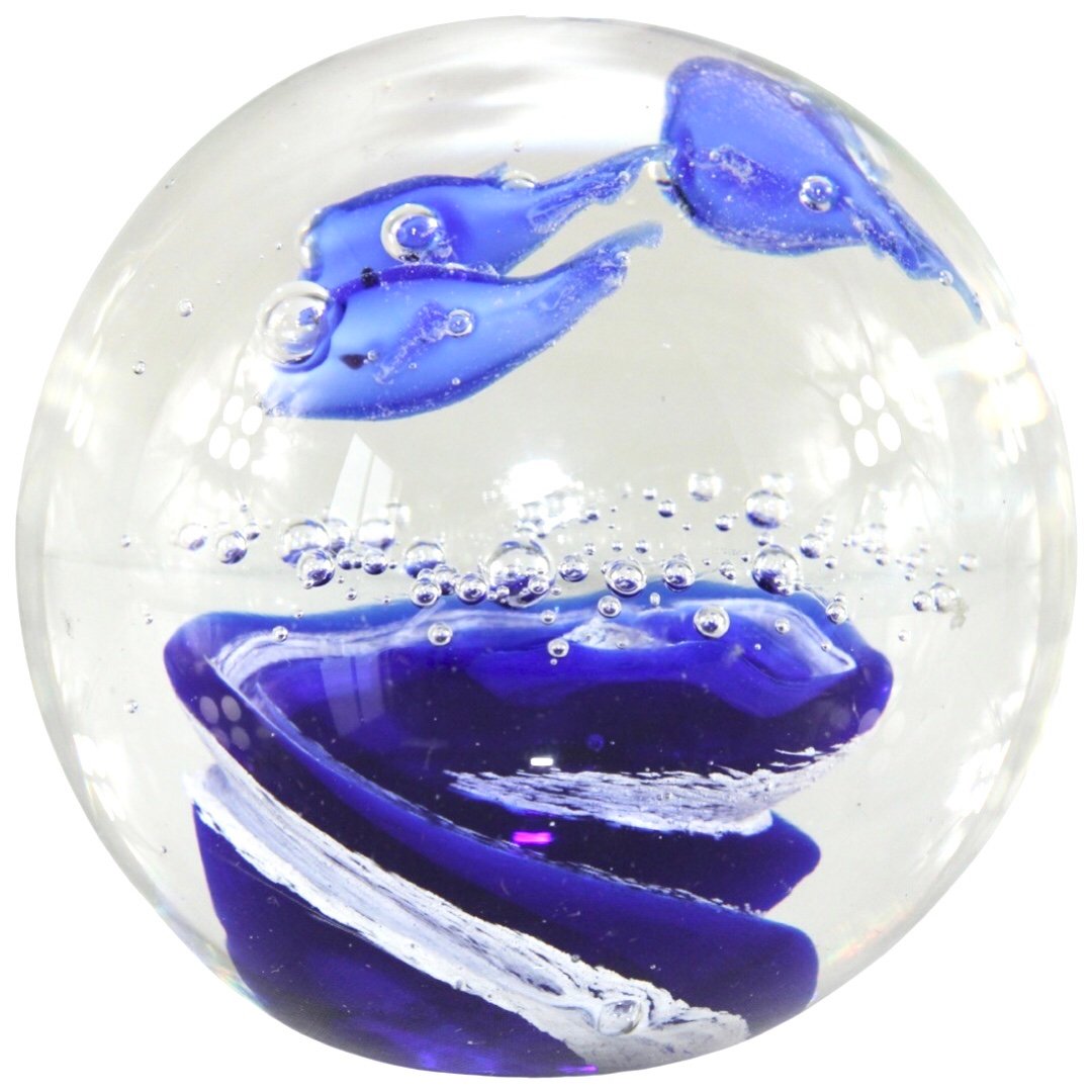 Vintage Hand Blown Glass Art Blue Ocean Clear Swirl Bubbles Fish Paperweight 3
