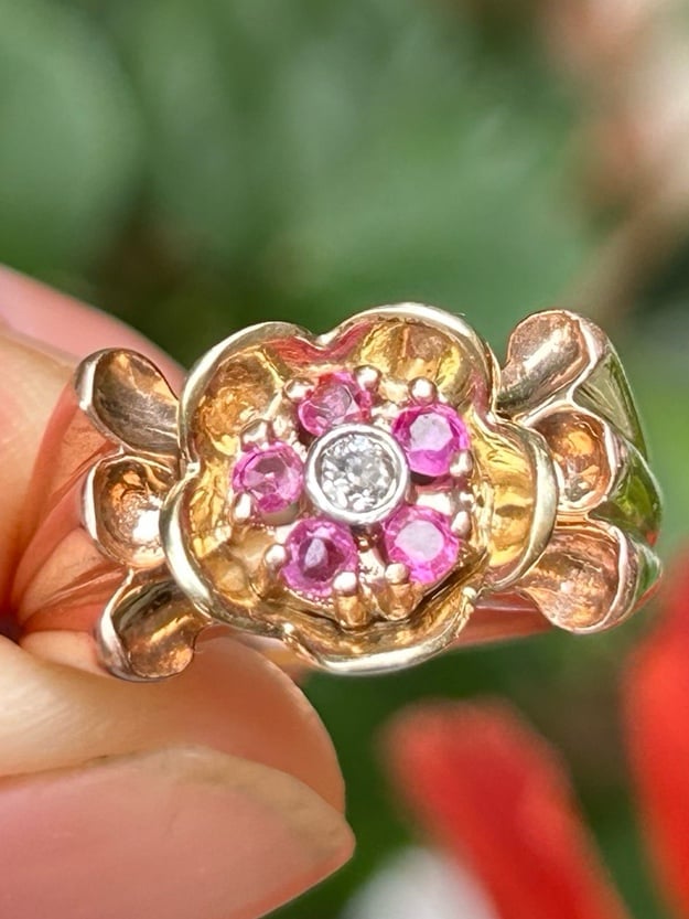 14k 7g rose and yellow gold flower ruby & diamond ring size 8