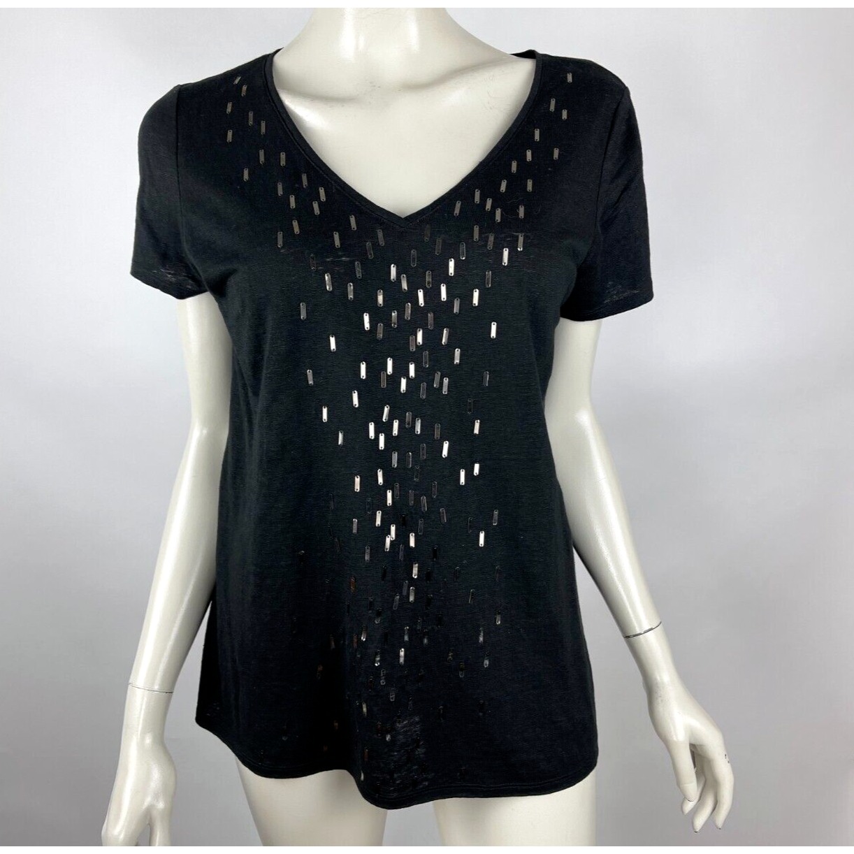Eileen Fisher Washable Linen Tee Shirt Women M Short Sleeve Stretch V-neck Top