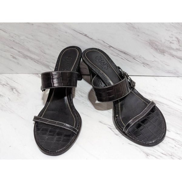 Chaps Women's Black Leather 3 Heel Croc Embossed Slide Kourtney Sandal Size 8