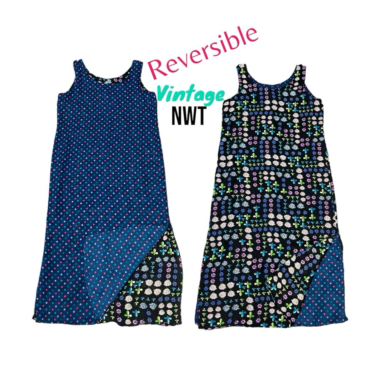NWT Womens Vintage Reversible FLORAL POLKA DOT Dress Sleeveless Medium Maxi