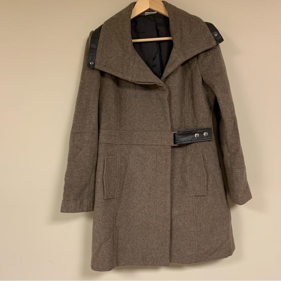 Wool Coat Women 8 Brown With Faux Leather Trim Outdoor Fall Winter Preppy Travel