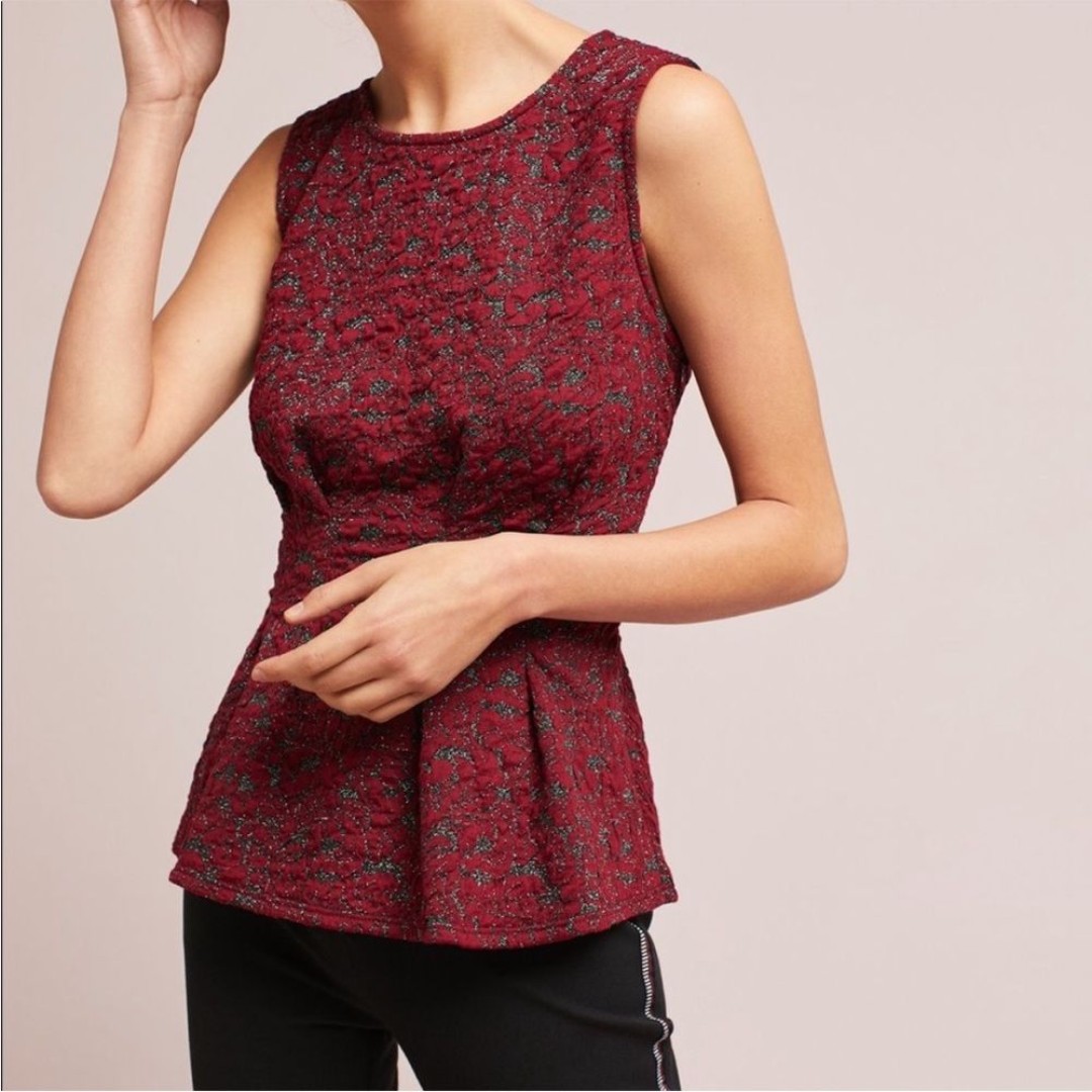 Anthropologie Eva Franco Metallic Knit Peplum Top XS Wine Black