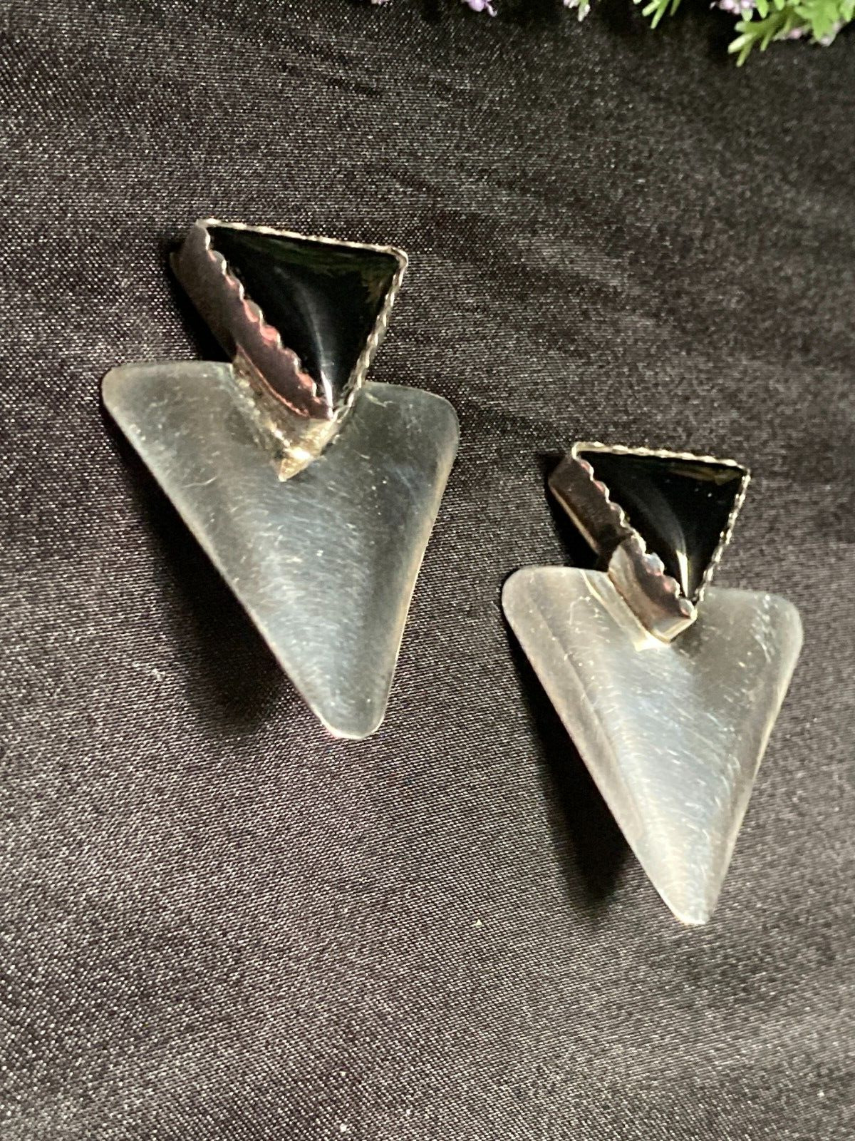 Native American Sterling Silver Black Jet Clip-On Vintage Fashion Earrings