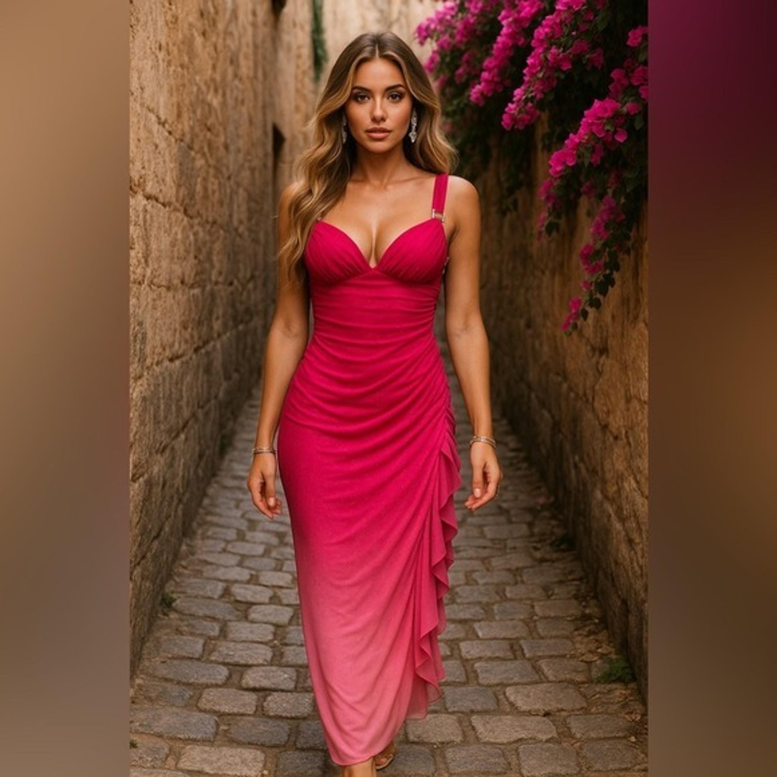 NWOT Formal Dress Gown Maxi Pink Ombre Sparkle Ruched Mermaid Cascade Wedding 8