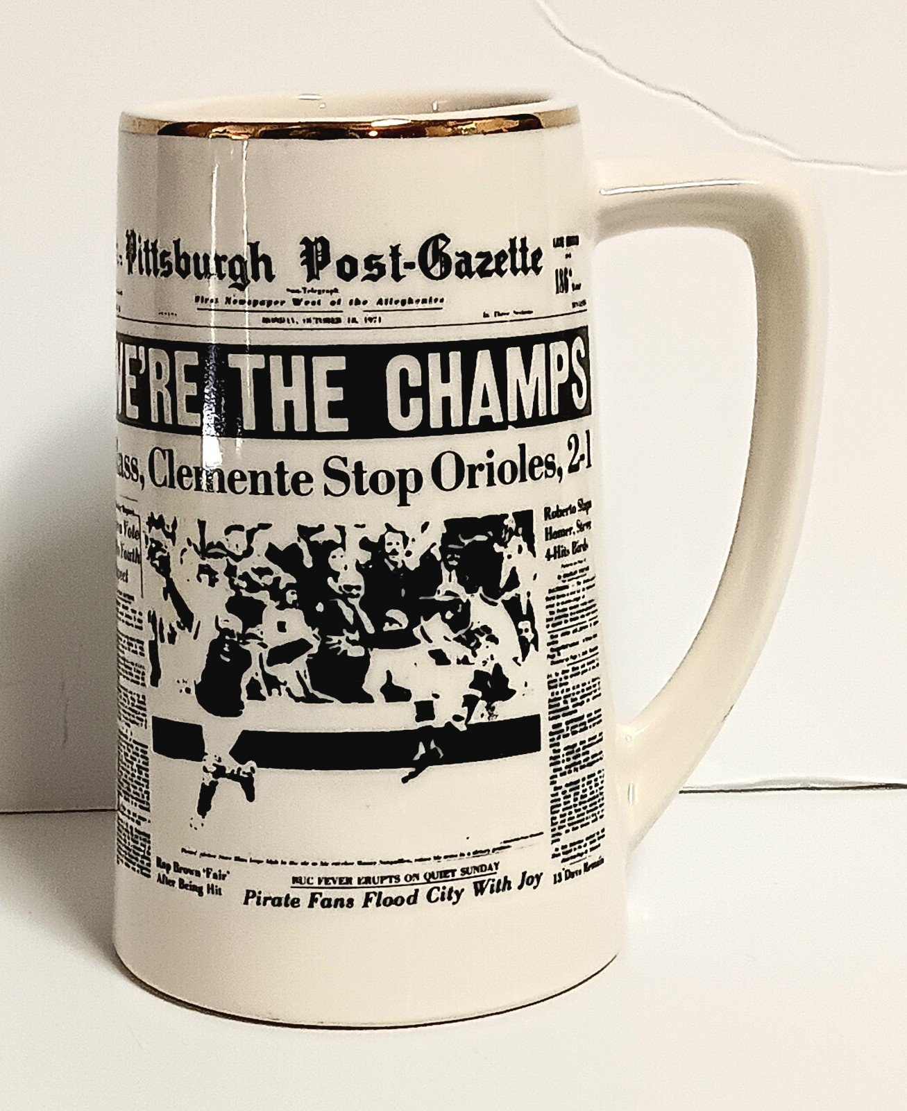 Pittsburgh Post Pirates 1971 World Series Champs Ceramic Gold Stein Mug Clemente