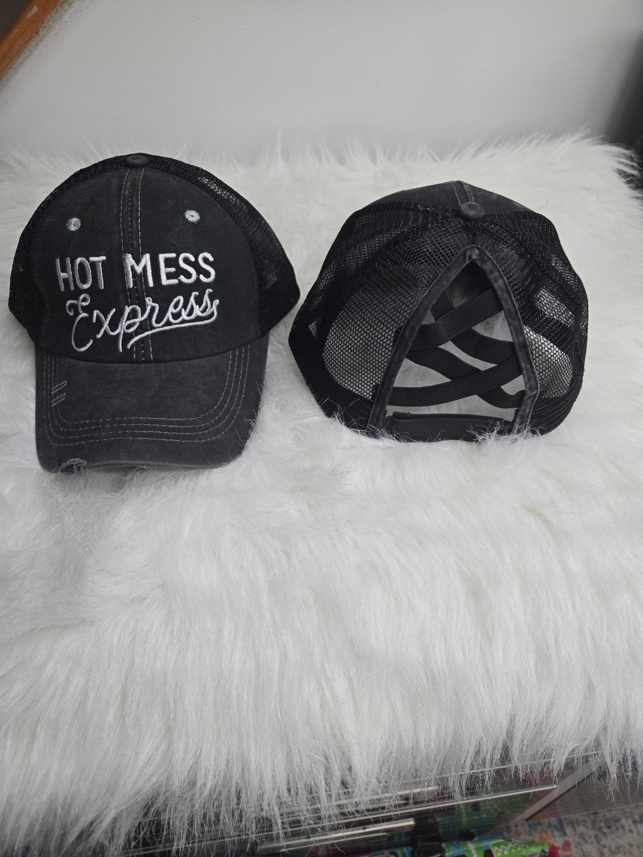 Distressed Embroidered Hot Mess Express Criss Cross Ponytail Hat
