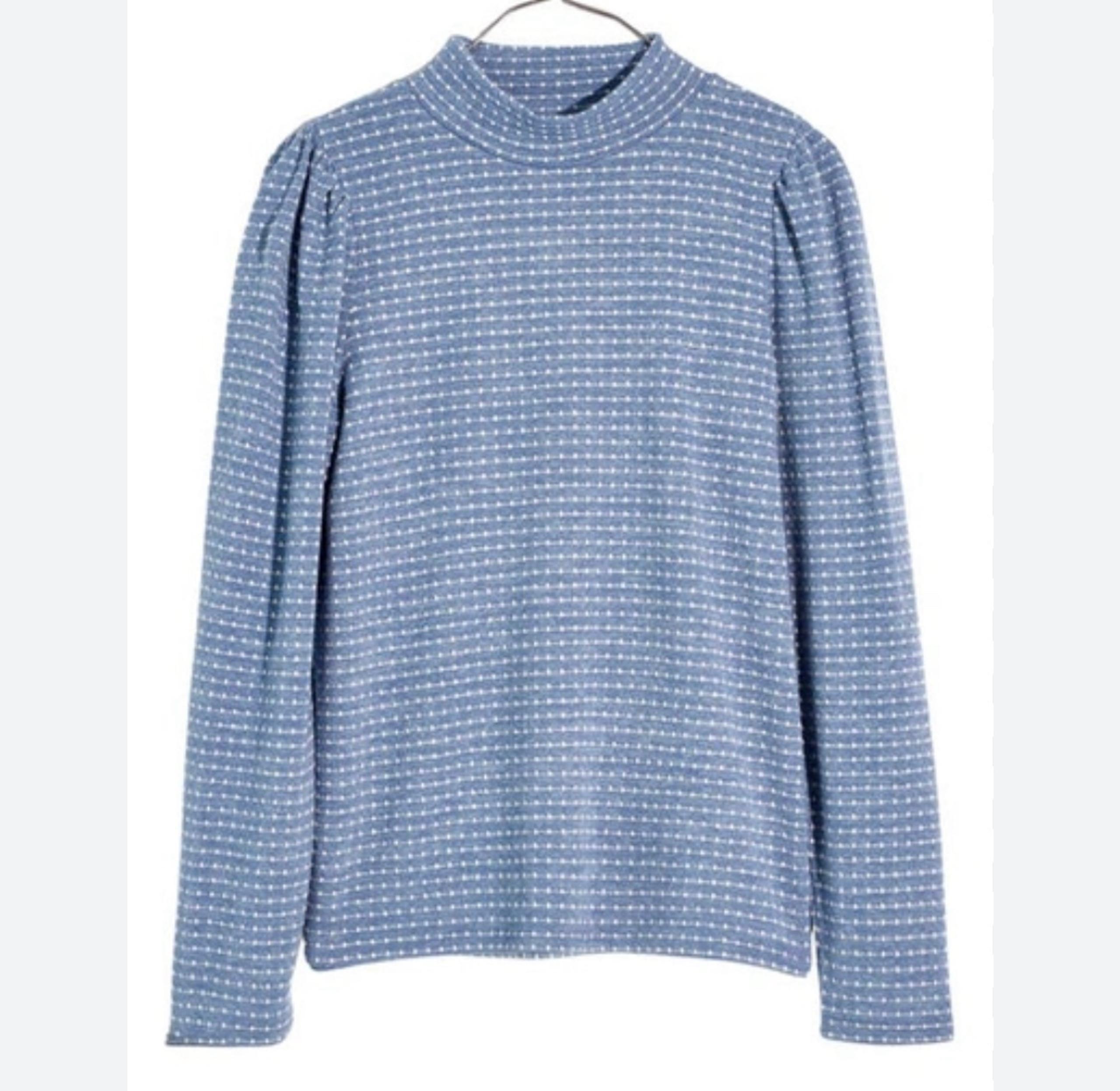 Madewell Jacquard Puff Sleeve Mock Neck Top Blue White Print Size 2X