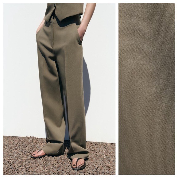 NWT. Zara Light Khaki Viscose Blend Straight Fit High-Waisted Trousers Size S.