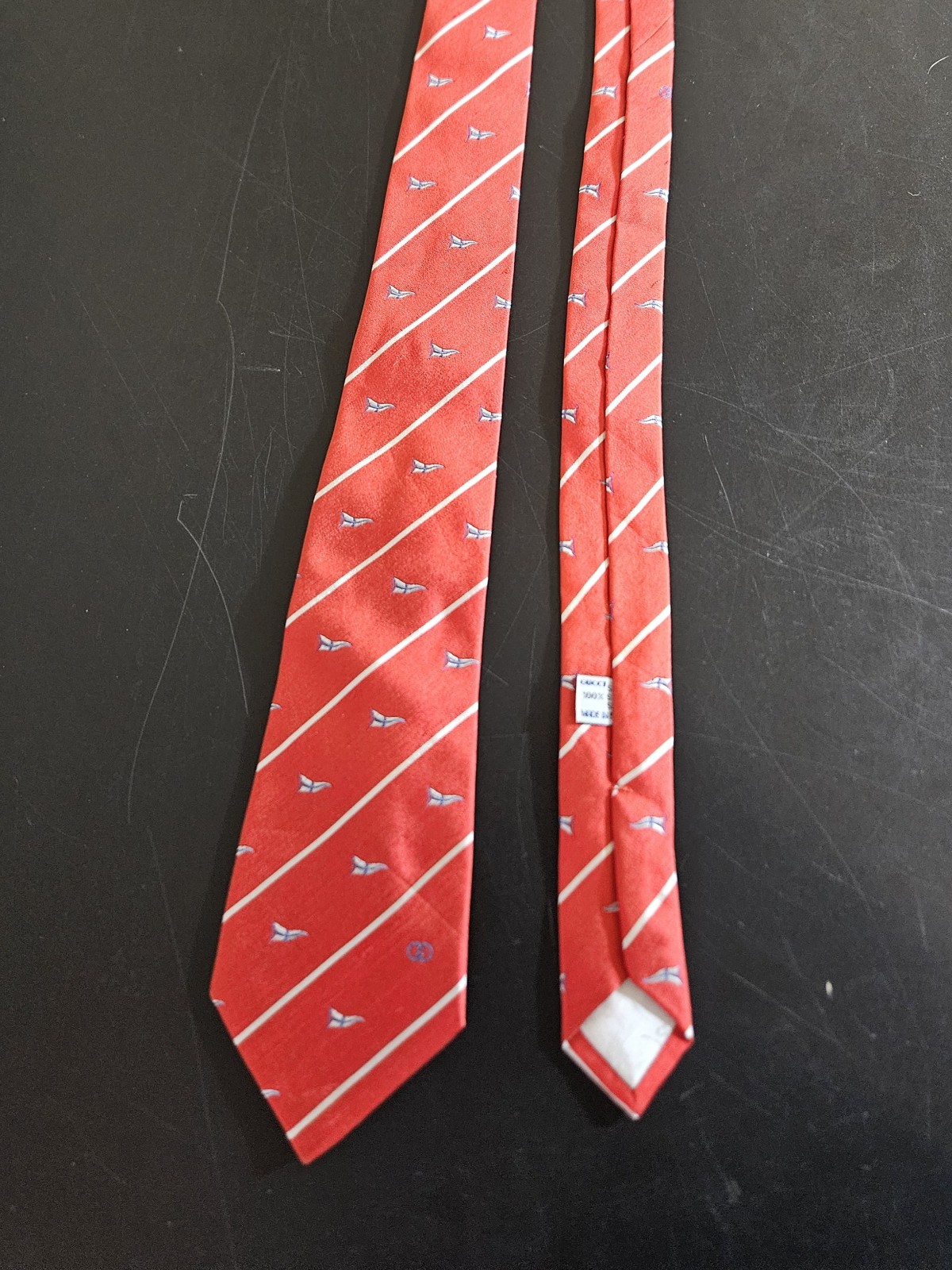 Gucci Men's Red Silk Tie Stripes And Flags Made In Italy