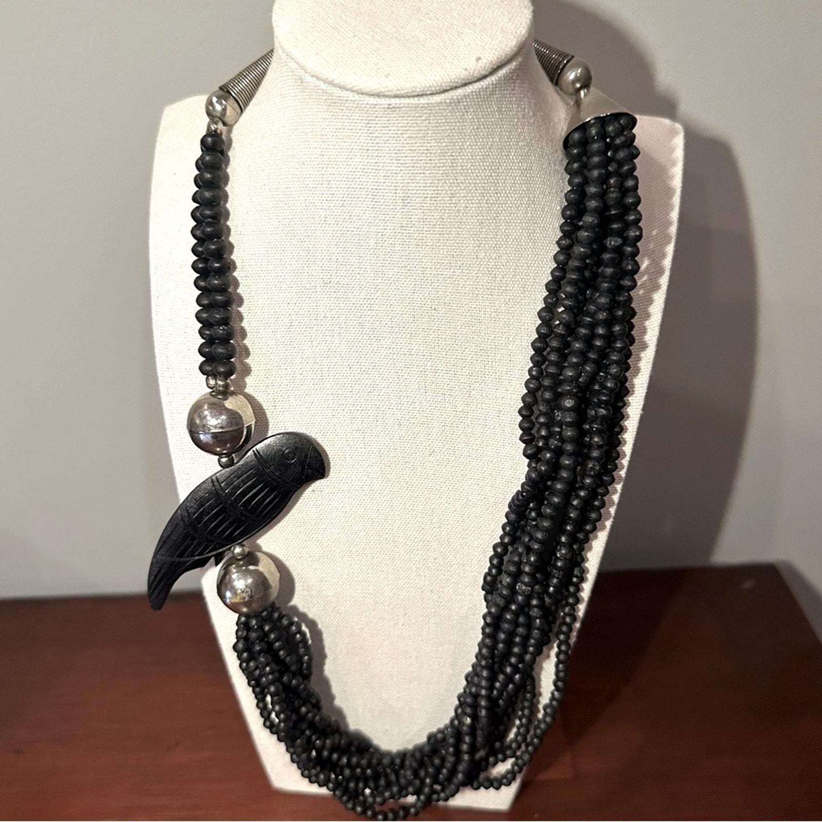 Black Beaded Bird Necklace Parrot Chunky Beads Silver tone ball Boho Bohemian