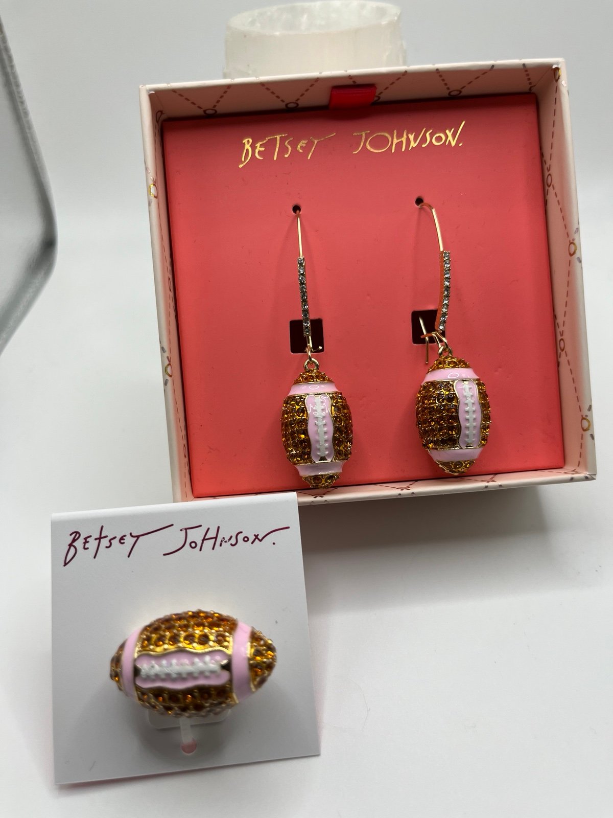 NWT Betsey Johnson Rhinestone Football Dangle Drop Earrings w/cocktail ring