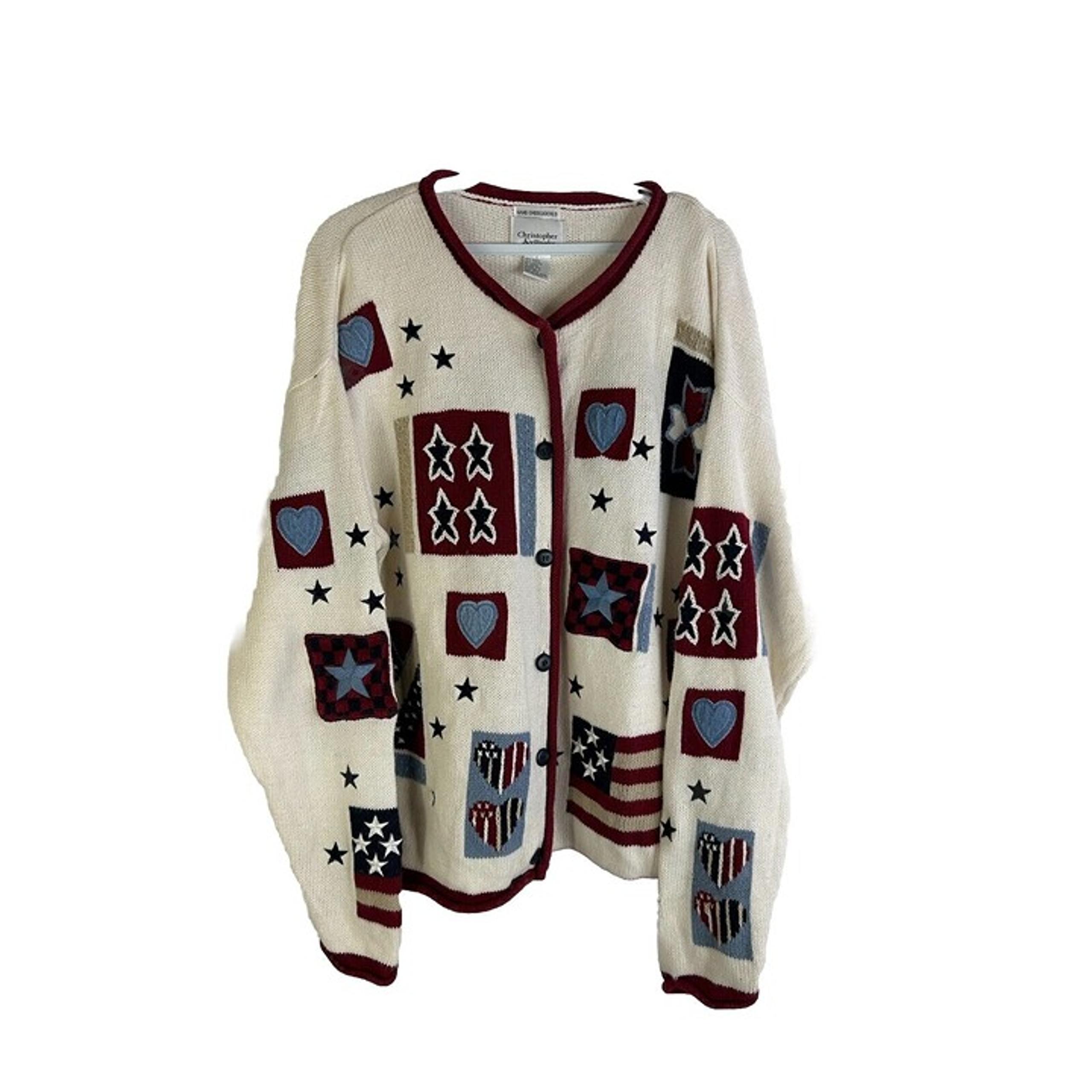 Vintage 90s Womens Large Hand Knit American Flag Patchwork Cardigan Sweater