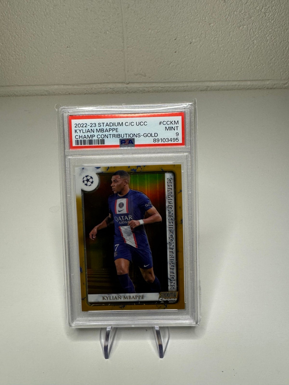 2022-23 Stadium Club Chrome Kylian Mbappe Champ Contributions Gold /50 PSA 9