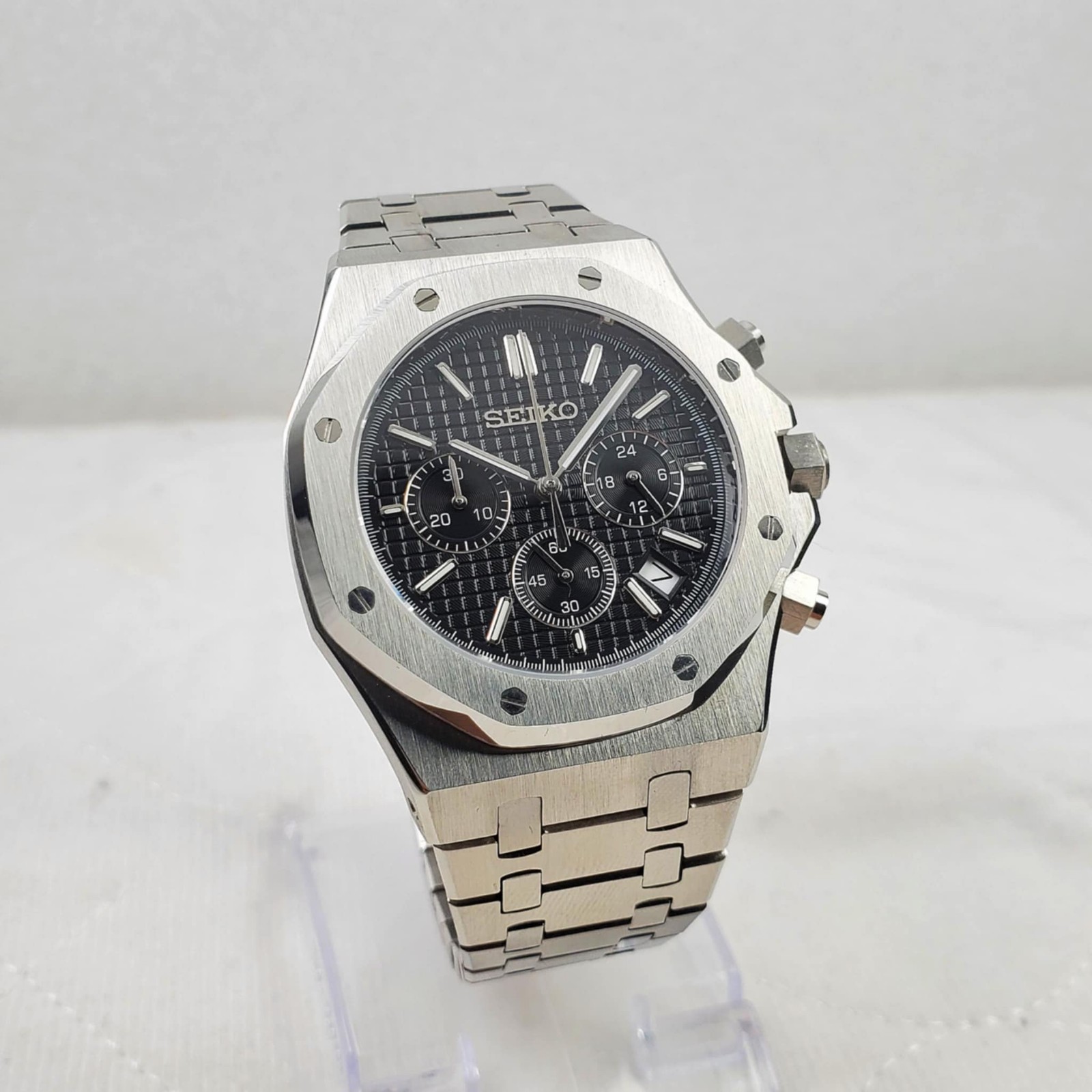 SEIKO MOD ROYAL OAK BLACK CHRONOGRAPH QUARTZ VK63 MOVEMENT MEN'S WATCH NEW
