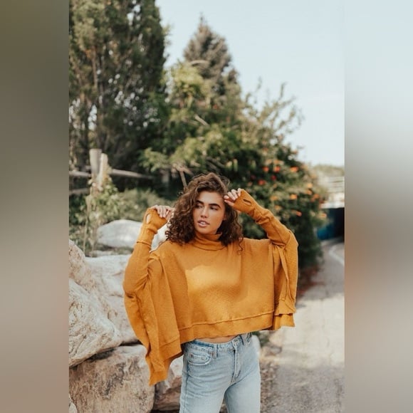 Free People | Mustard Moon Daisy Sunbaby Yellow Thermal Cowl Turtleneck Pullover