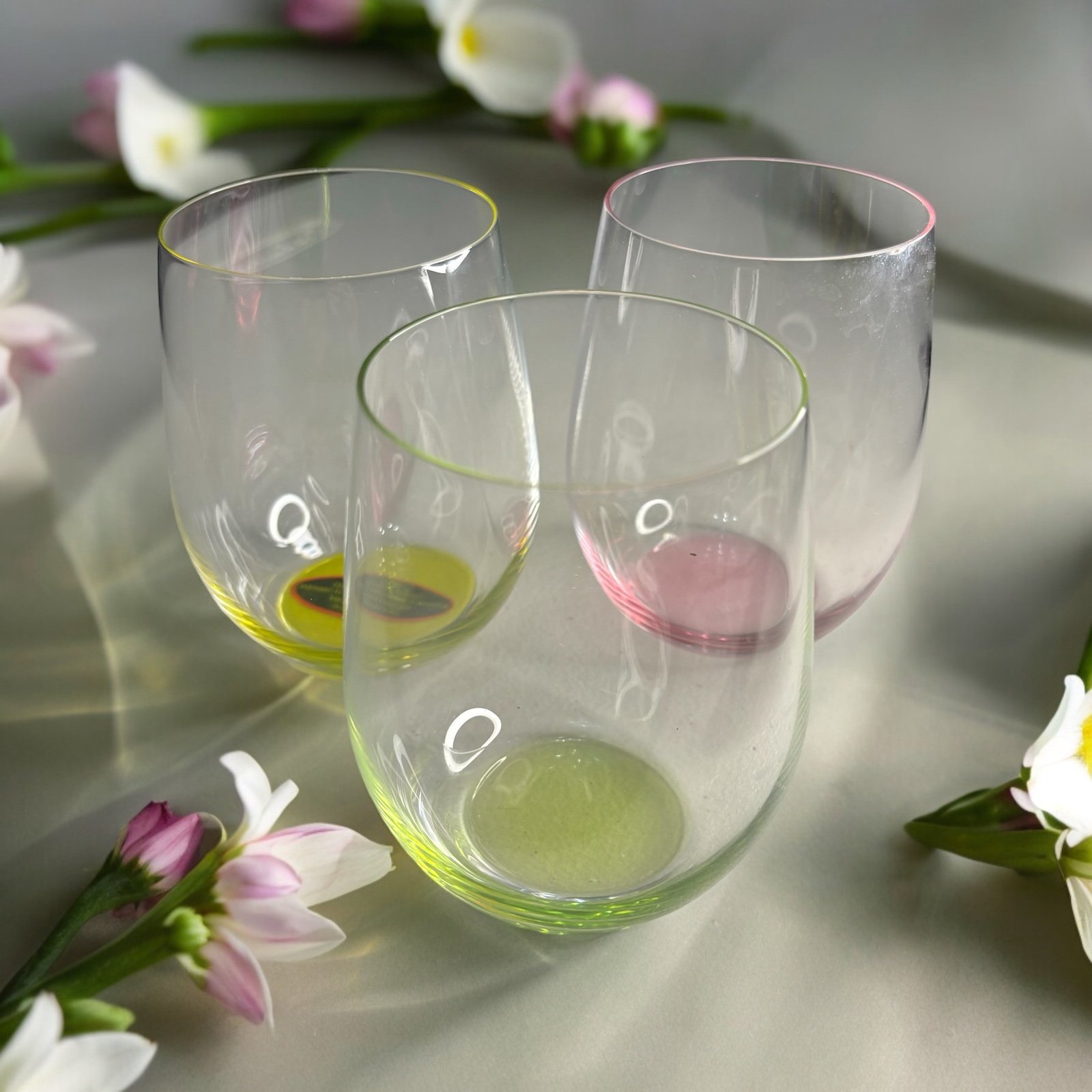 Set of 3 Riedel Crystal Stemless Wine Glasses Clear with Pink Yellow Green Top &