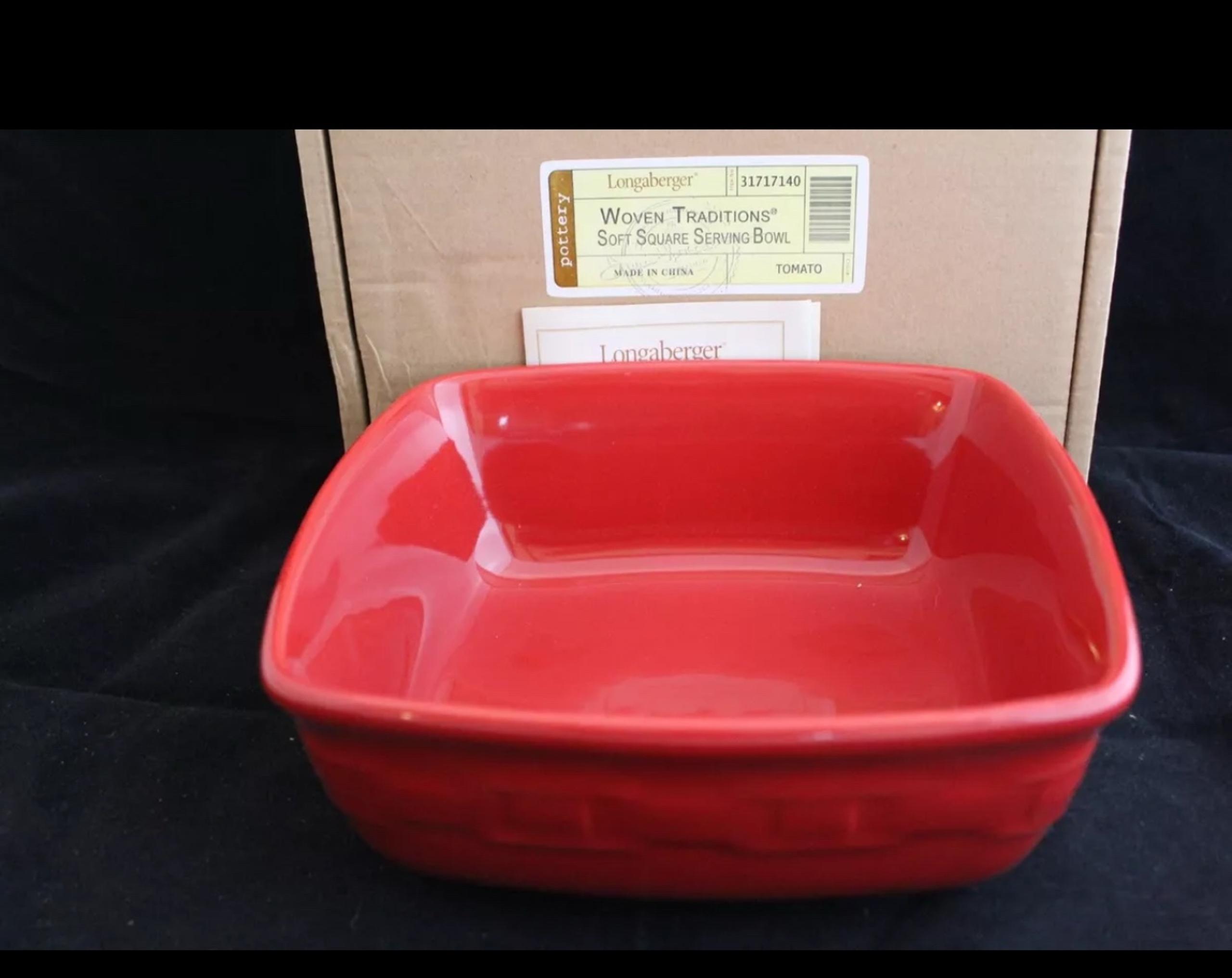 Longaberger Woven Traditions Tomato Red Pottery Soft Square Serving Bowl NEW
